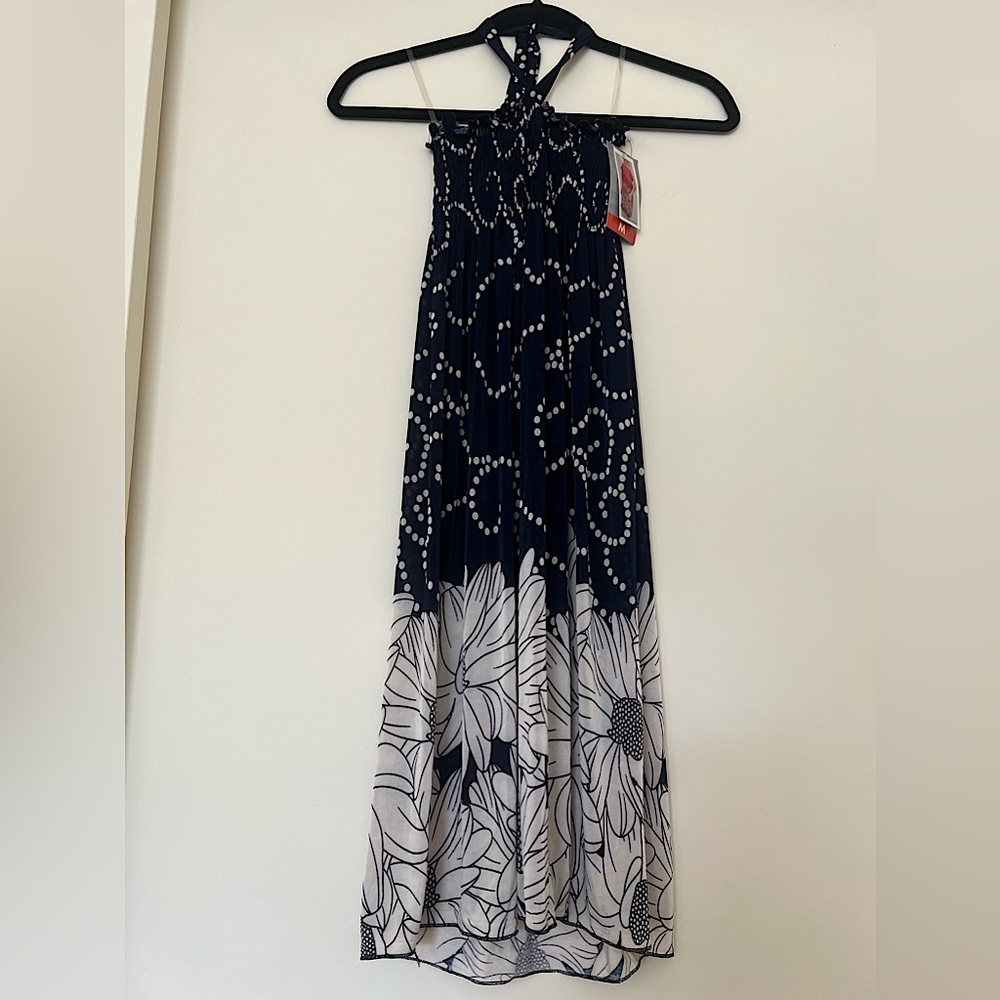 Navy Blue Knee Length Halter Dress